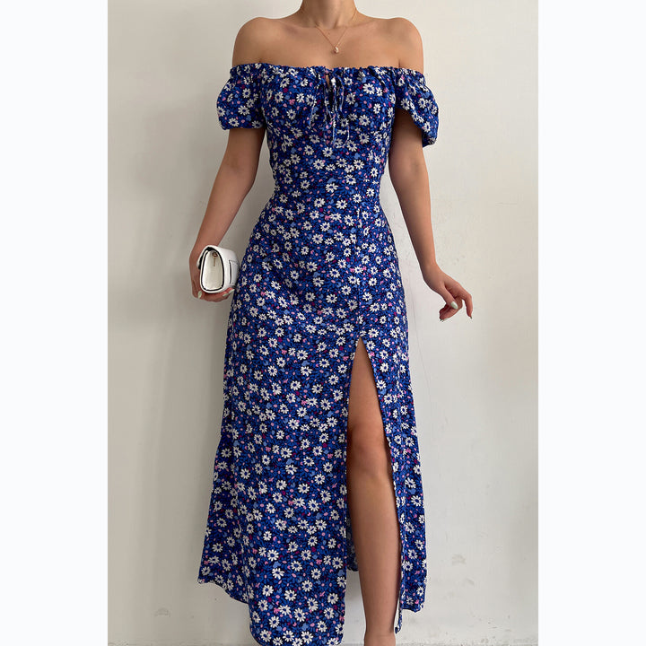 Women's Off-Shoulder Maxi Dress with Floral Design and Elegant Slit Skovae