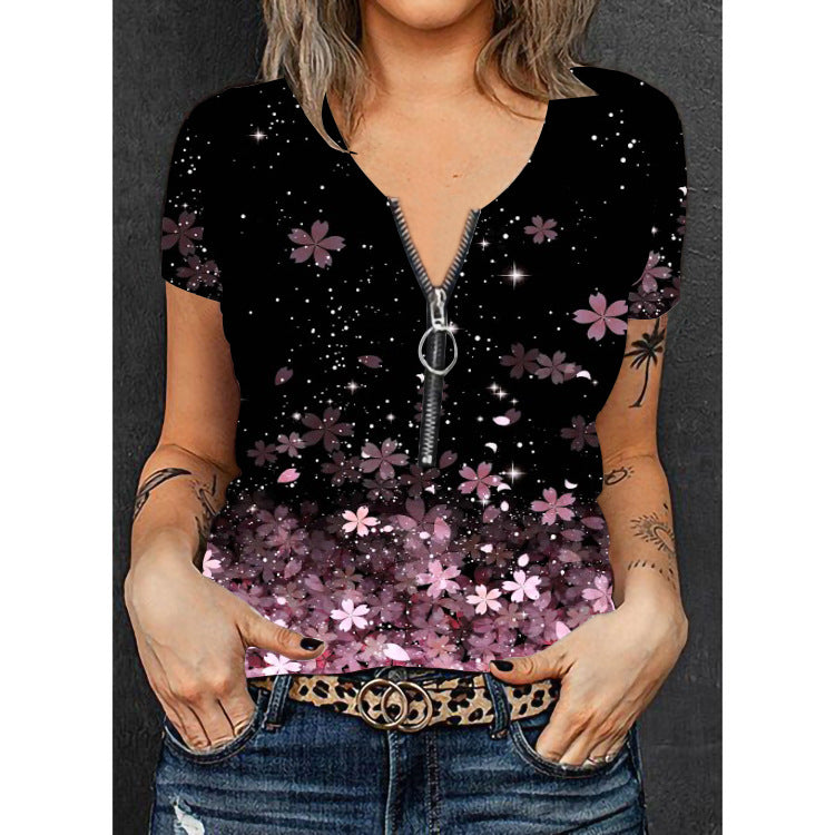 Damer Mode T-shirt med lynlås og blomsterdesign Skovae