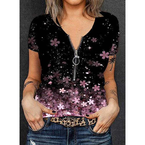 Damer Mode T-shirt med lynlås og blomsterdesign Skovae