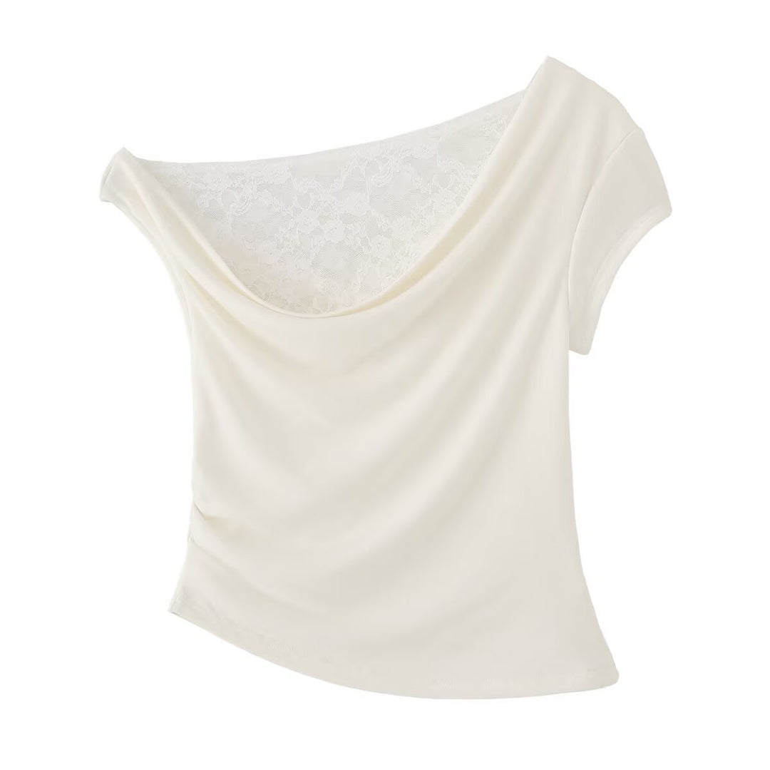 Dame elegant wrapper top med flæse detaljer og fin blondesyning Stilla