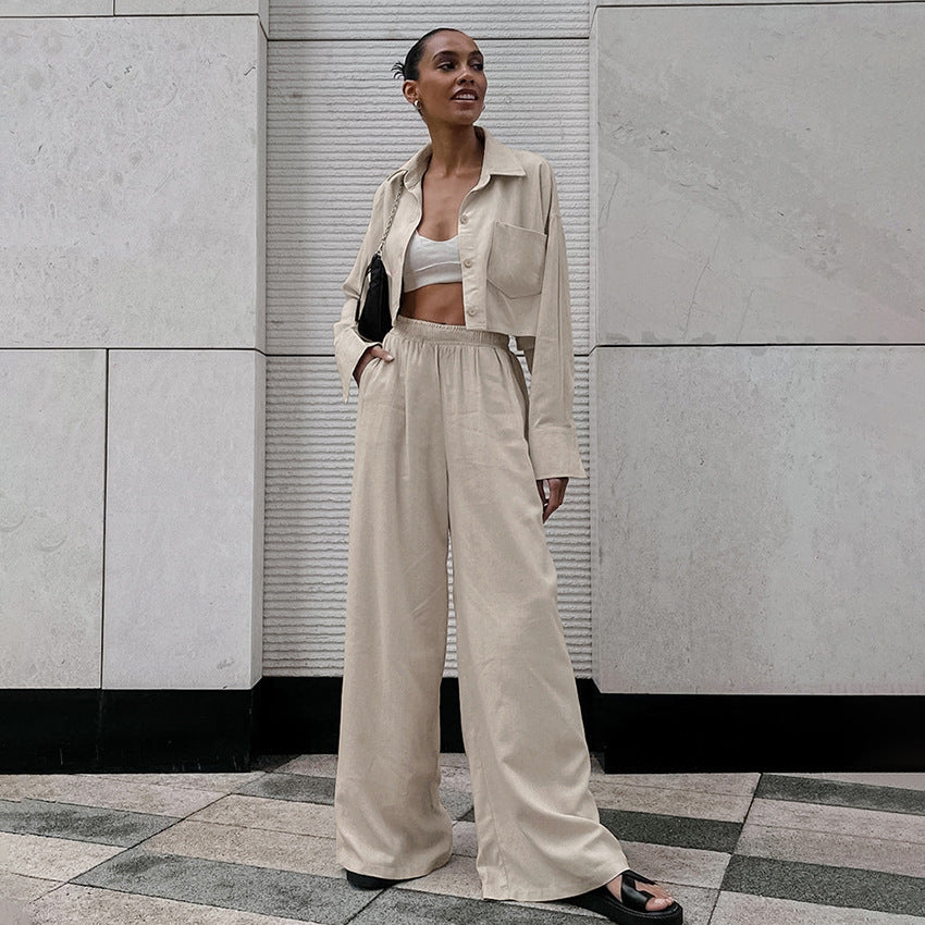 Dame Casual Twill-buksesæt med cropped skjorte og løs pasform Stilla