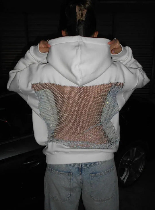 Dame med hættesweatshirt med transparent broderet rygparti Skovae