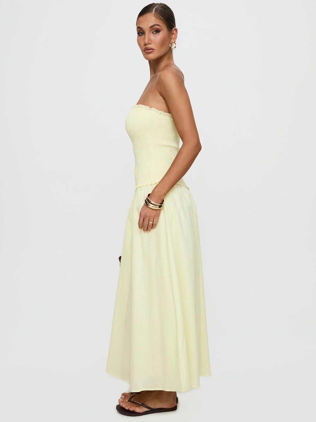 Dame off-shoulder maxikjole med rynket overdel Stilla