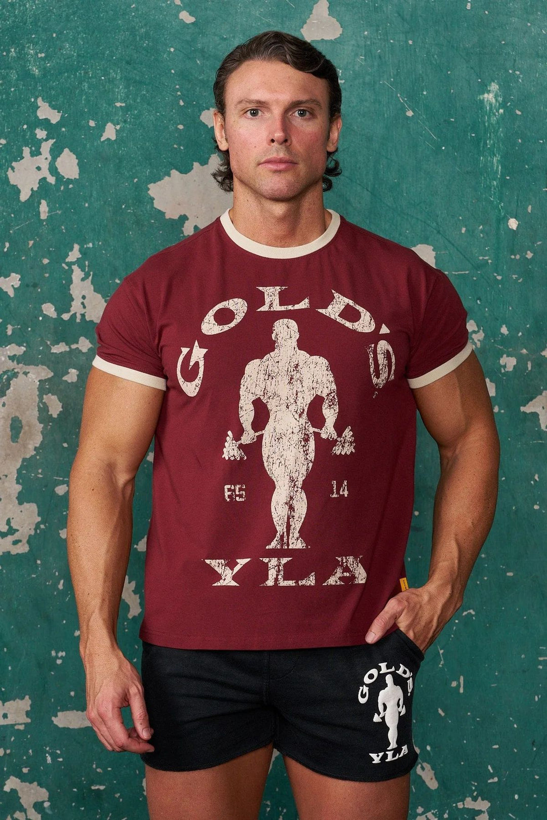 Herrer nan Vintage Træningsshirt med Rundhalsudskæring Kontrastmanschetter og Retro-Bodybuilding-tryk Skovae