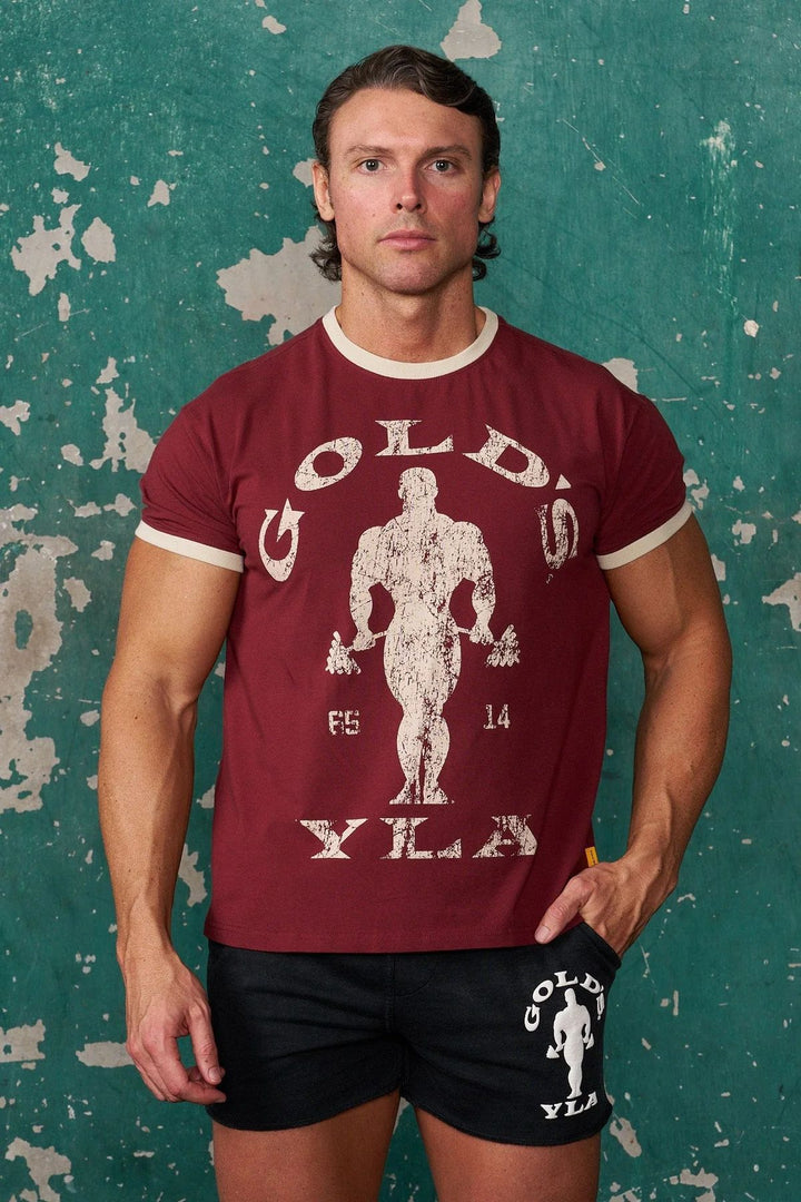 Herrer nan Vintage Træningsshirt med Rundhalsudskæring Kontrastmanschetter og Retro-Bodybuilding-tryk Skovae