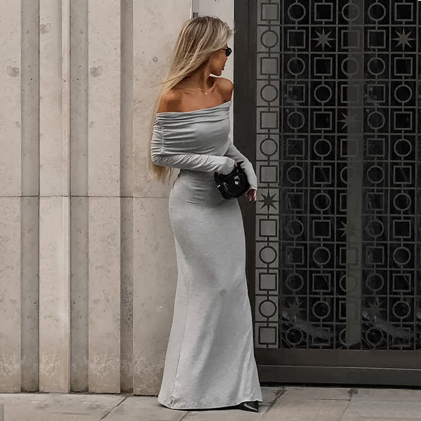 Dame Off-Shoulder Maxikjole med figursyet snit og lange ærmer Stilla