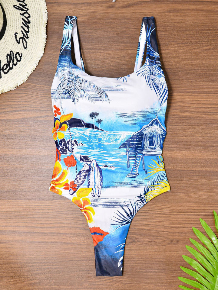 Dame en-delt badedragt med livligt Hawaii-motiv og elegant snit Stilla
