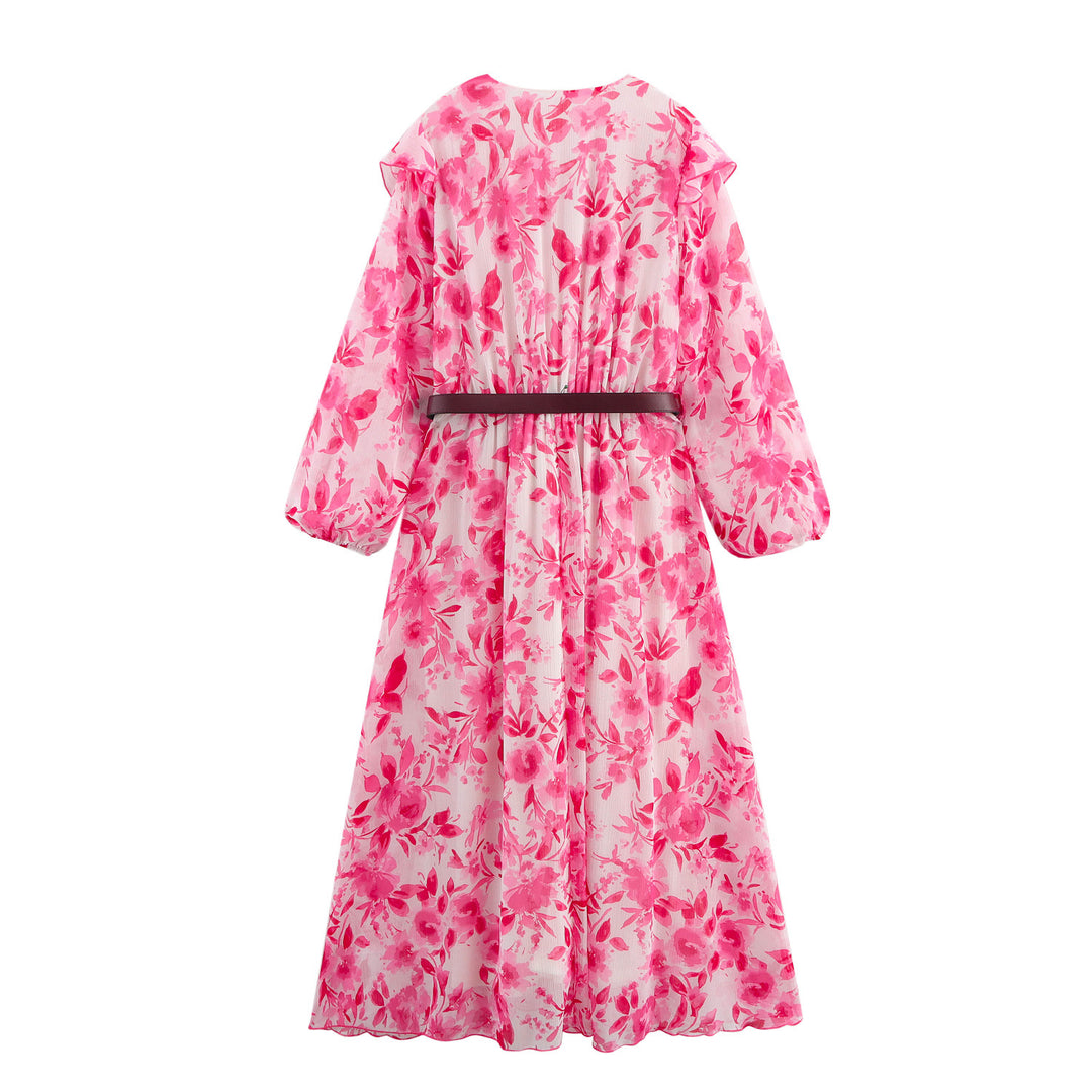 Femme Floral Maxi Kjole med Flæsekanter og Bælte Stilla