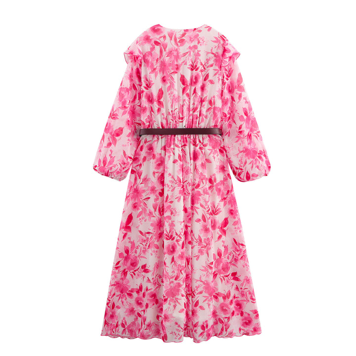 Femme Floral Maxi Kjole med Flæsekanter og Bælte Stilla