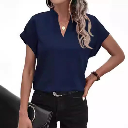 Dame kortærmet bluse med ståkrave og elegant snit Stilla