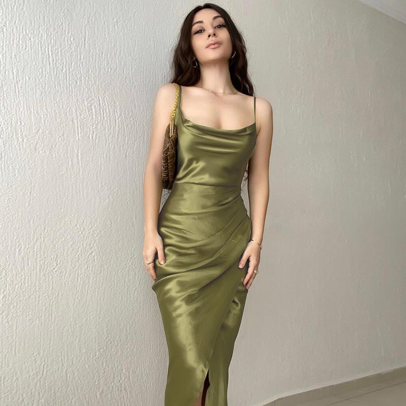 Elegant satin midi-kjole med cowl-neck til damer Stilla