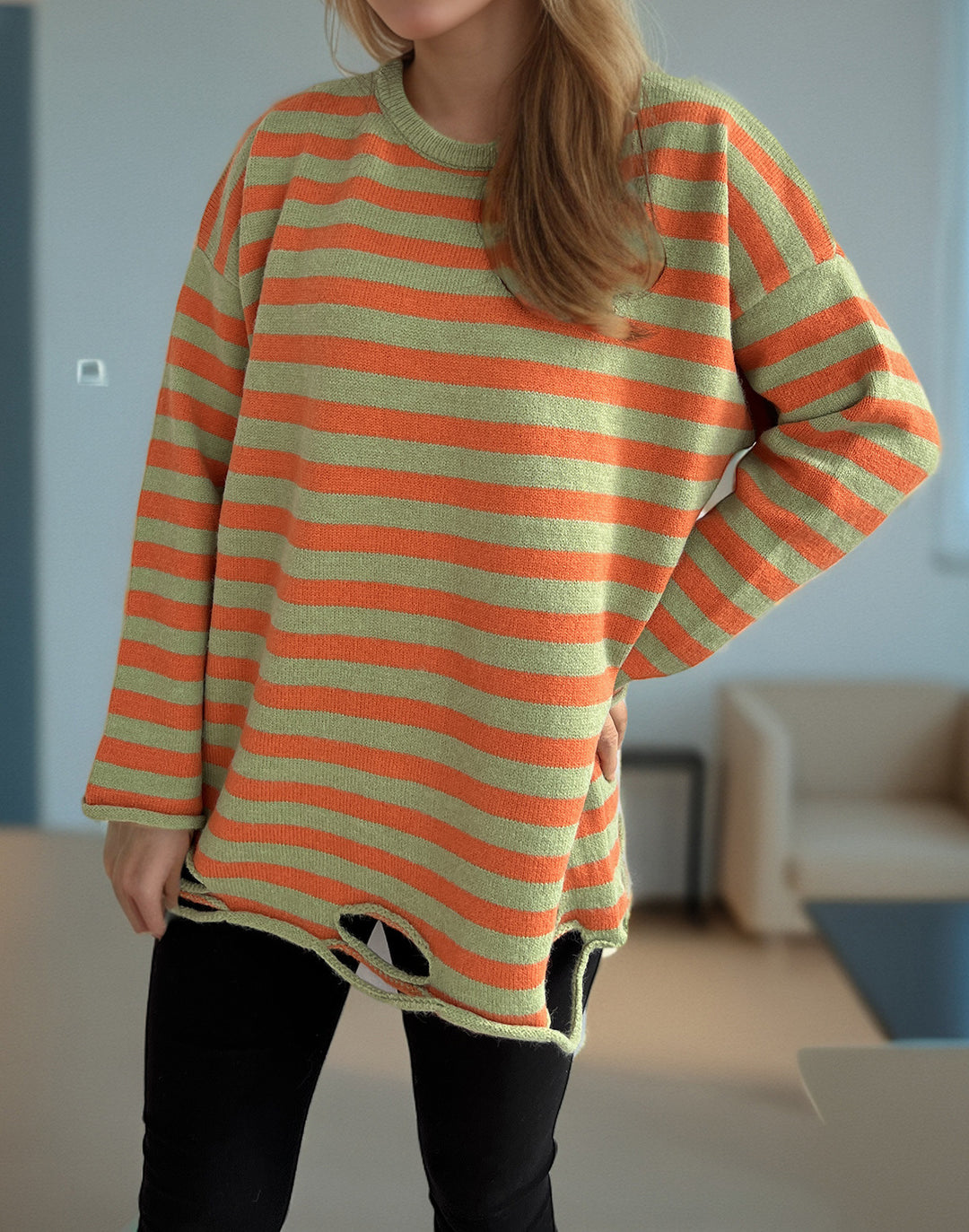 Kvinders strikket oversized sweater med afslappet stribemønster Stilla