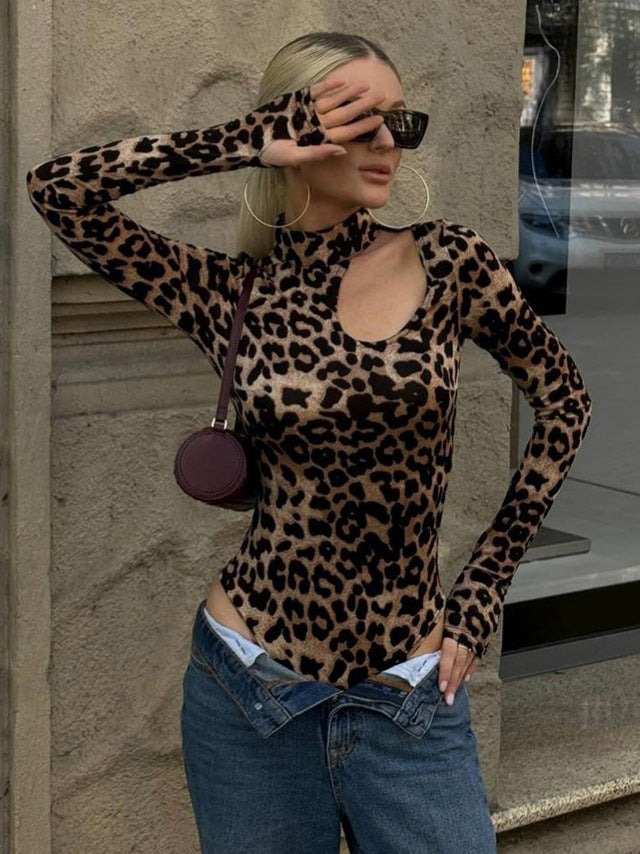 Dame Langærmet Bodysuit med asymmetrisk Udsnit og Leopardmønster Stilla