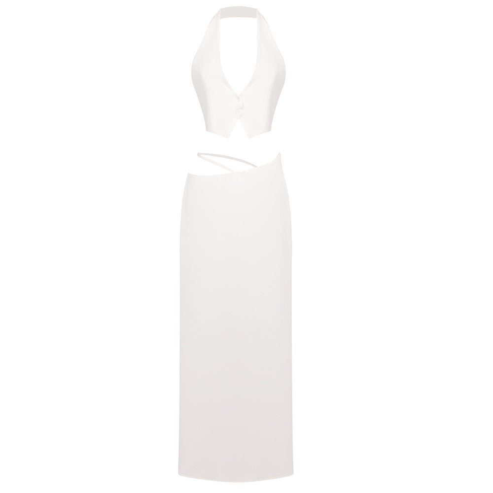 Dame To-delt Culotte-sæt med elegant Halter-nakkekæde og figursyet snit Stilla