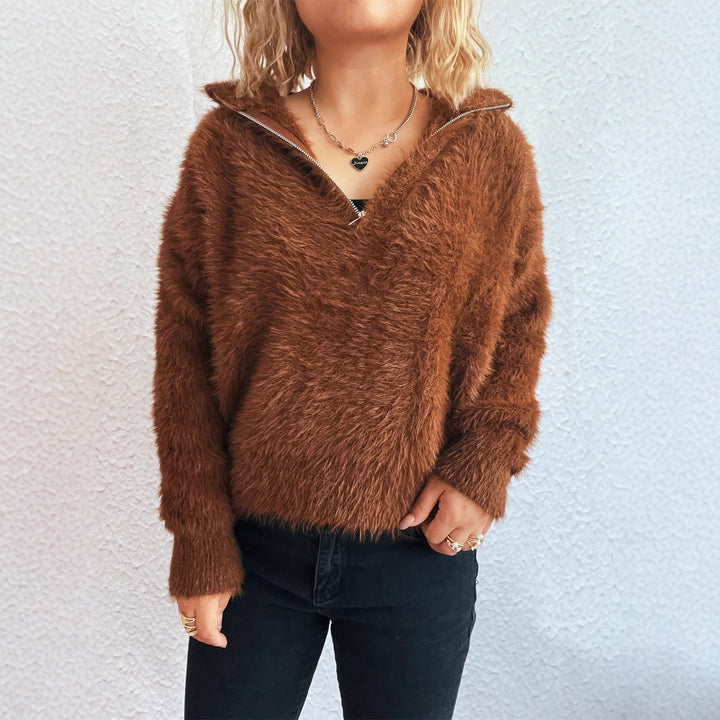 Kvinders hyggelige pullover med høj krave og lynlås Stilla