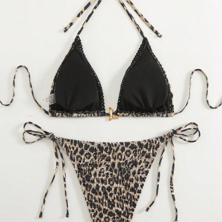 Dame triangel-bikini med moderne leopardmønster og sidelæns bindebånd Skovae