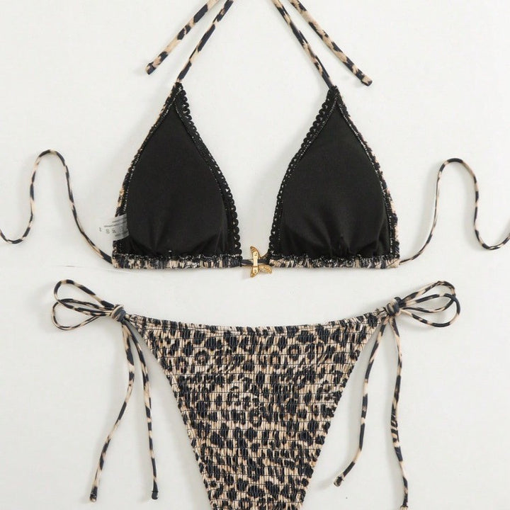 Dame triangel-bikini med moderne leopardmønster og sidelæns bindebånd Skovae