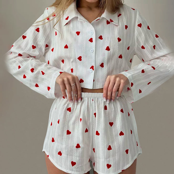 Dame pyjamasæt med hjerte mønster og elastisk talje Stilla