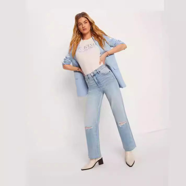 Dame High-Waist Jeans med frynsede kanter og modede revnedetaljer Skovae