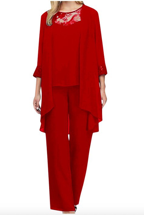 Dame nan flydende chiffon aftenensemble med spidsbesætning, kimono cardigan og bred palazzo bukser Skovae