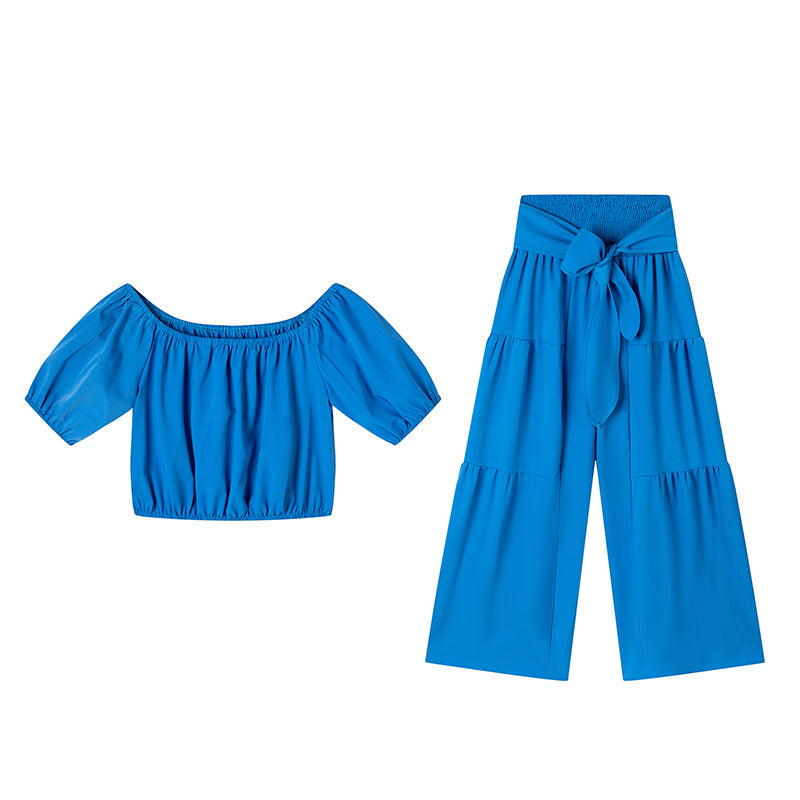 Dame stilfuld off-shoulder crop top og bred bukser sæt Stilla