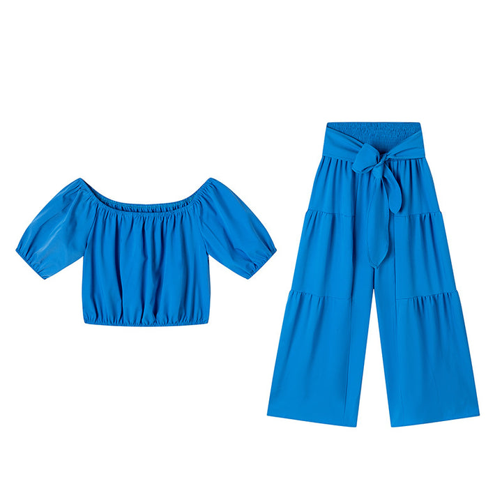 Dame stilfuld off-shoulder crop top og bred bukser sæt Stilla