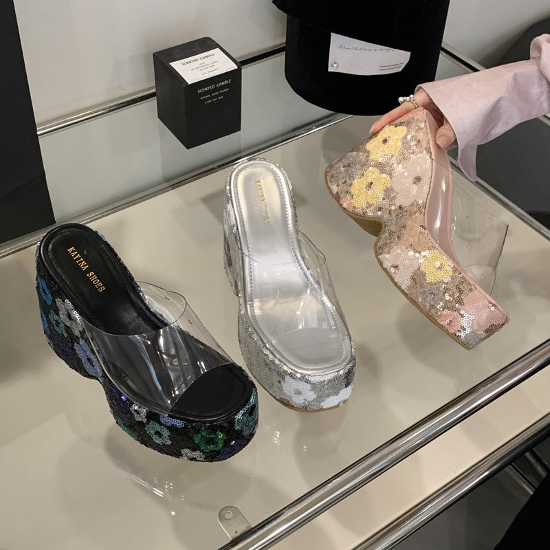 Dame platform-sandaler med gennemsigtigt overmateriale og blomsterdesign Stilla