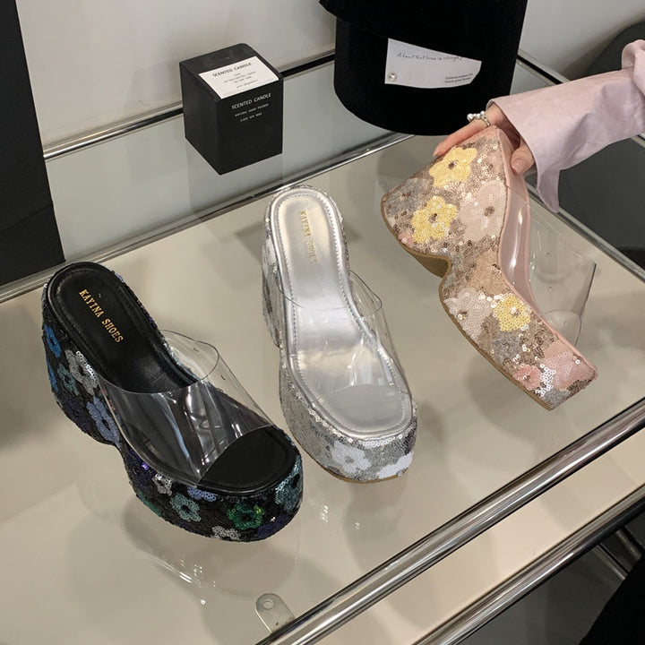 Dame platform-sandaler med gennemsigtigt overmateriale og blomsterdesign Stilla