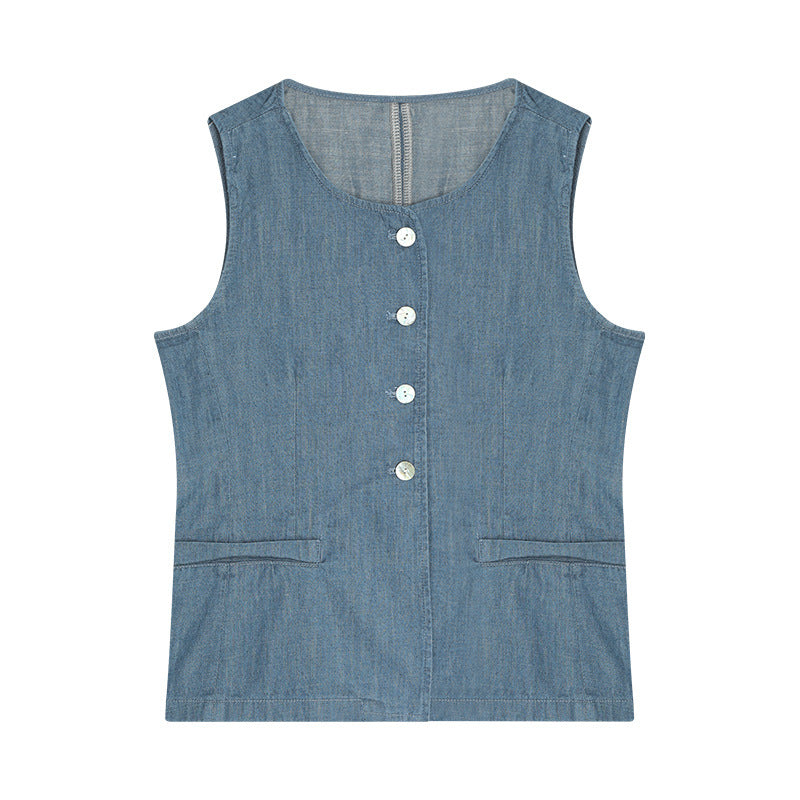 Dame ærmeløs blusevest i højkvalitets denim med praktiske lommer og elegante knapper Stilla