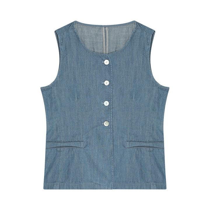 Dame ærmeløs blusevest i højkvalitets denim med praktiske lommer og elegante knapper Stilla