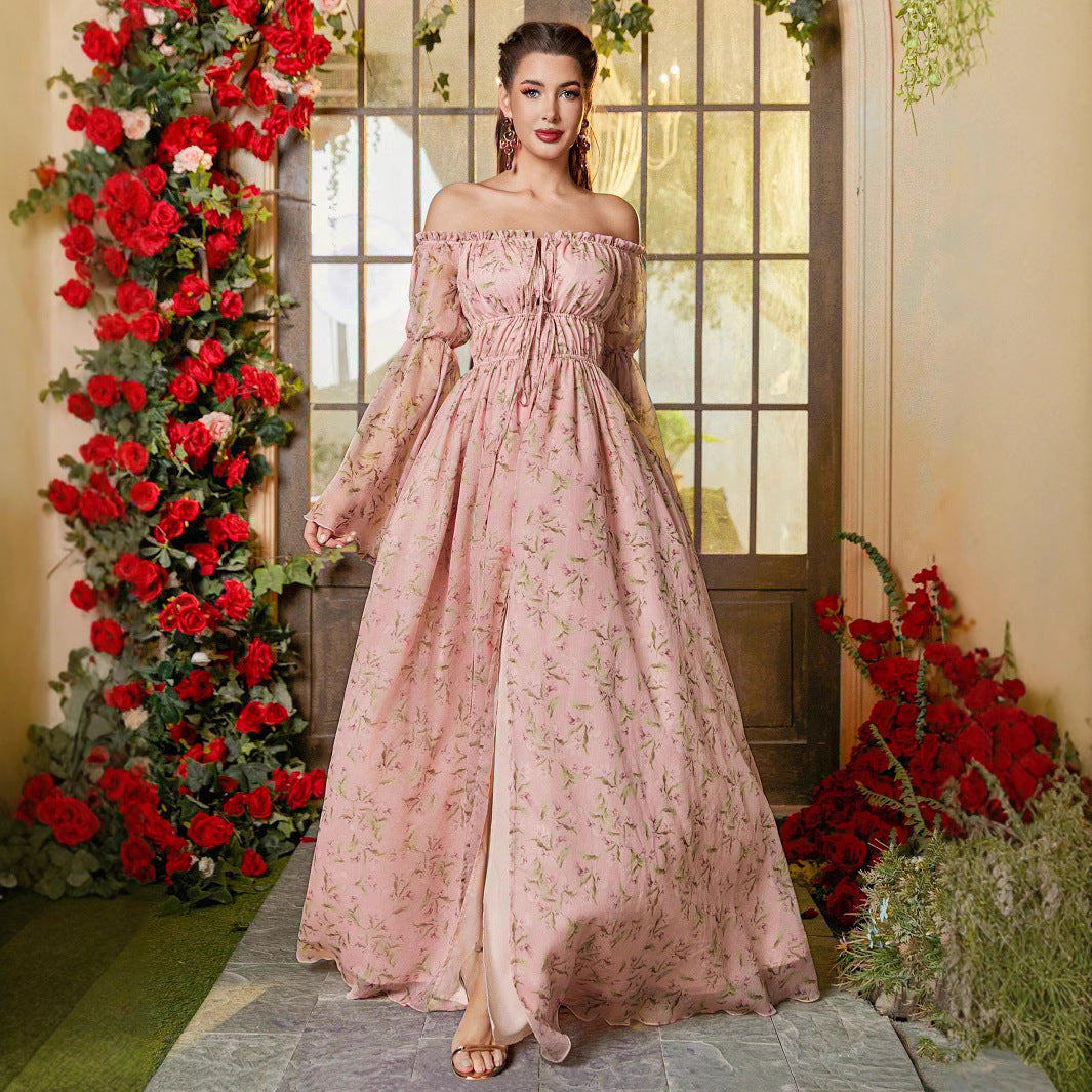 Dame Maxikjole med romantisk blomstermønster og off-shoulder design Stilla