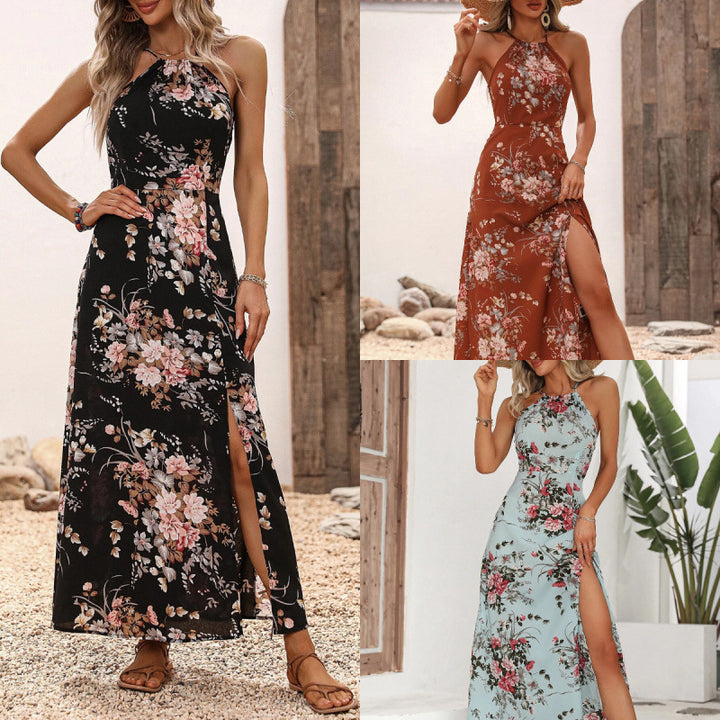 Dame Floral Print Halter Maxi Kjole med Sidelæg Stilla