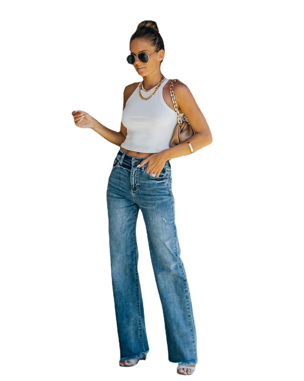 Dame Flared Jeans med frynset kant og høj talje Stilla