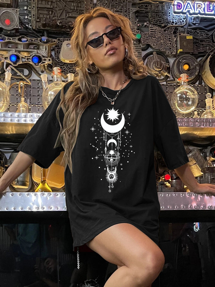 Dame T-shirt med kreativt måne- og stjernemotiv Stilla