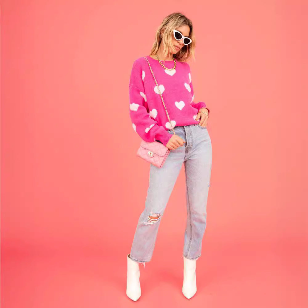 Kvinders sweater med hjerteapplikationer og løs pasform Stilla