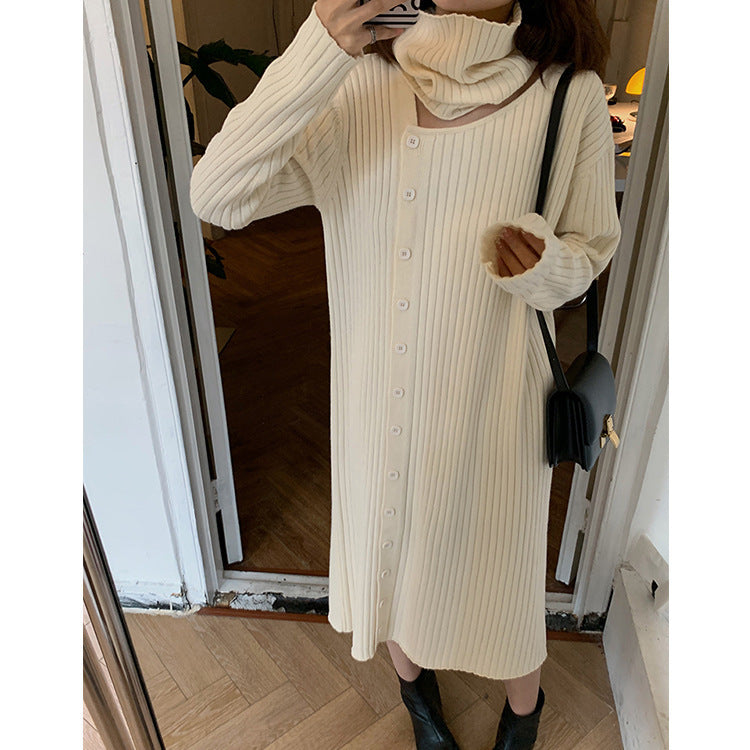 Femme Cozy Rullekrave Knap-Op Midi Kjole Stilla
