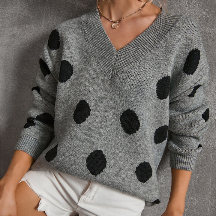 Dame mode sweater med dyb V-hals og grafisk prikdesign Stilla