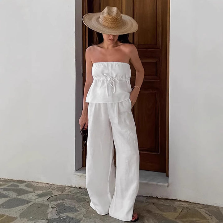 Dame To-delt Linnedress med off-shoulder Top og brede Bukser Stilla