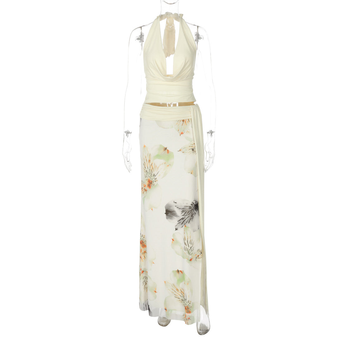 Dame Elegant Maxikjole med blomster halterdesign og sidelukning Skovae