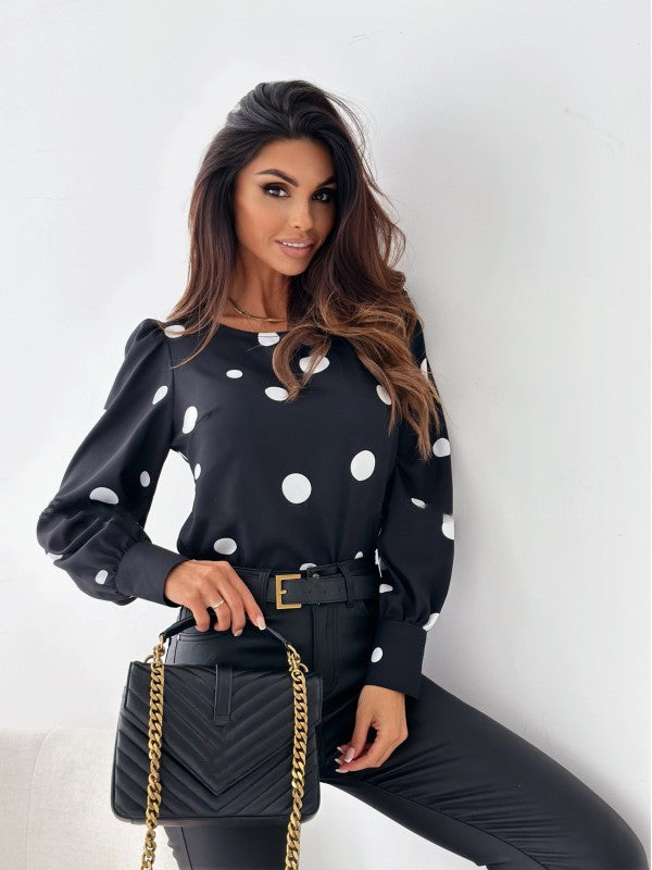 Dame elegant Bluse med prikker og puffærmer Stilla