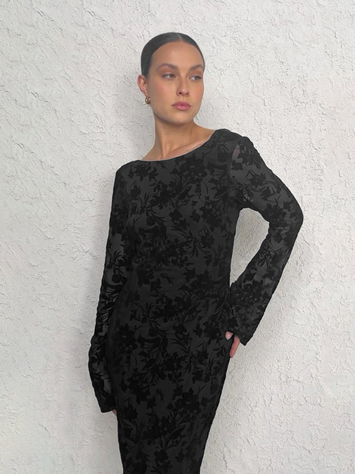 Damer Elegant Maxi Kjole med Blomster Textureret Design og Lange Ærmer Stilla