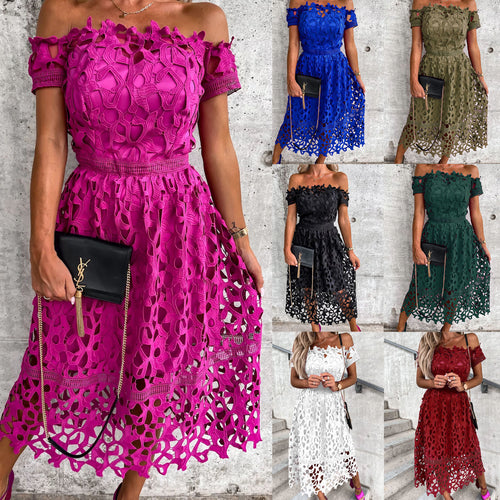 Dame Off-Shoulder Kjole med florale Hækling-detaljer og elastisk Taljebånd Stiila