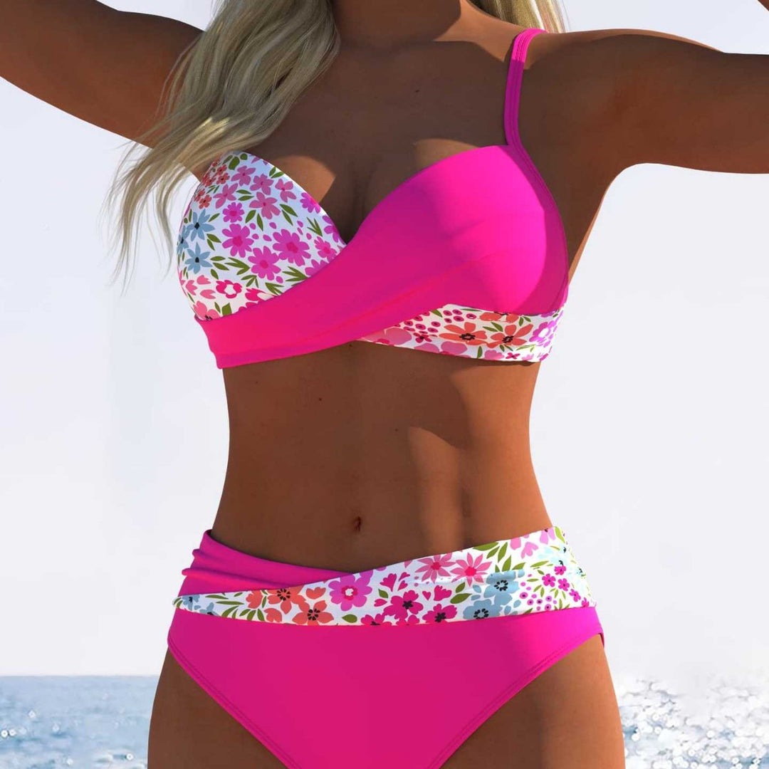 Dame Bikini-Sæt med blomster-wrap-mønster og behagelige high-waist-trusser Skovae