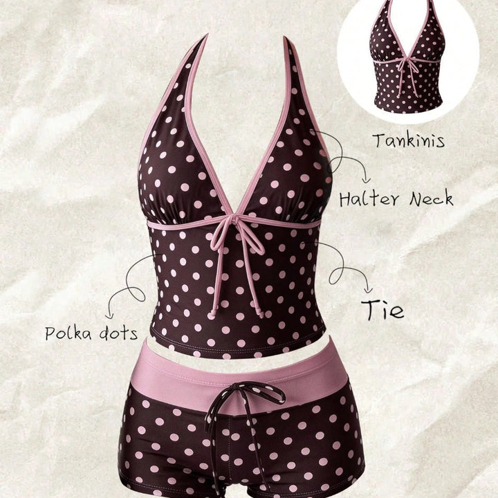 Dame tankini med moderne prikkemønster og justerbar halter Skovae