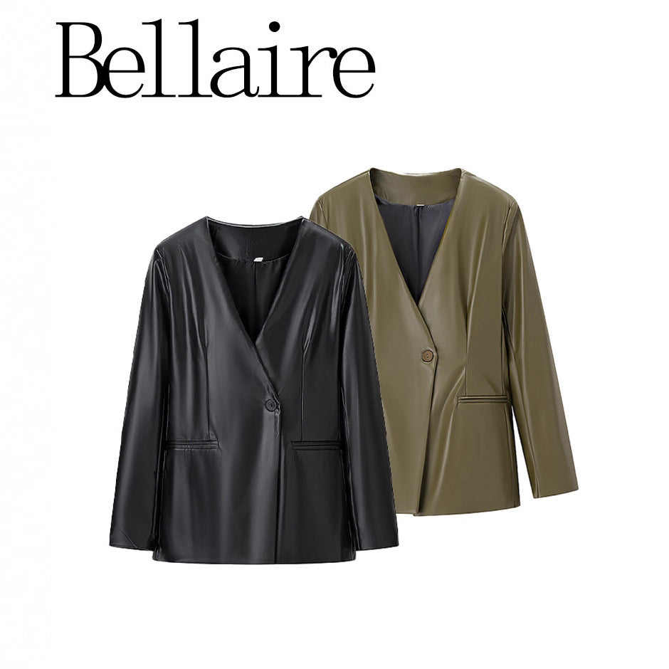 Damer Elegant Faux Læder Blazer Jakke med Modern Cut og Lommer Stilla