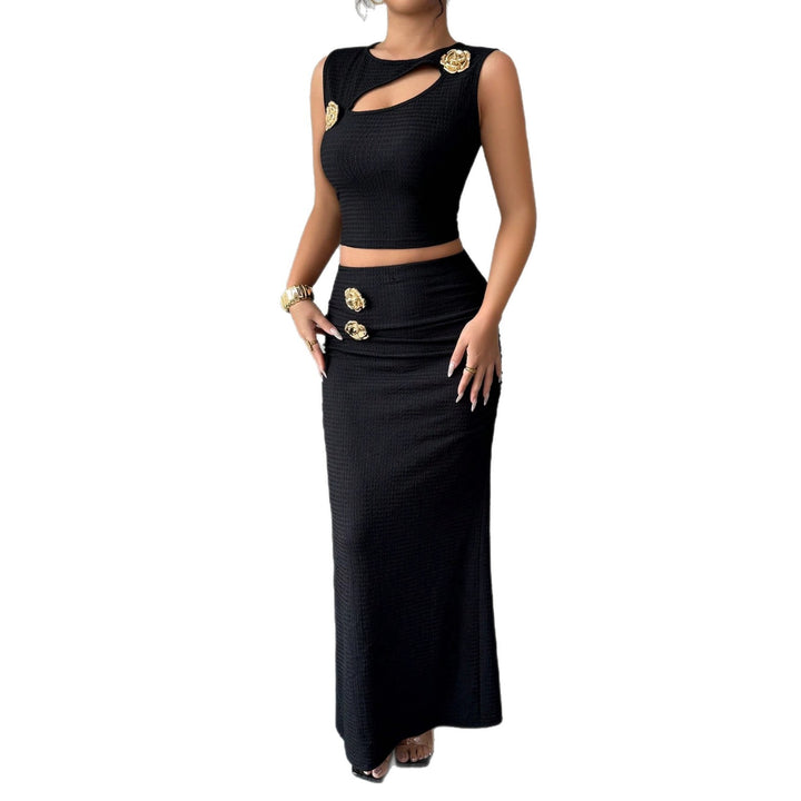 Dame nan to-delt figursyet sæt med asymmetrisk cut-out crop-top og tætsiddende maxipenne nederdel Skovae