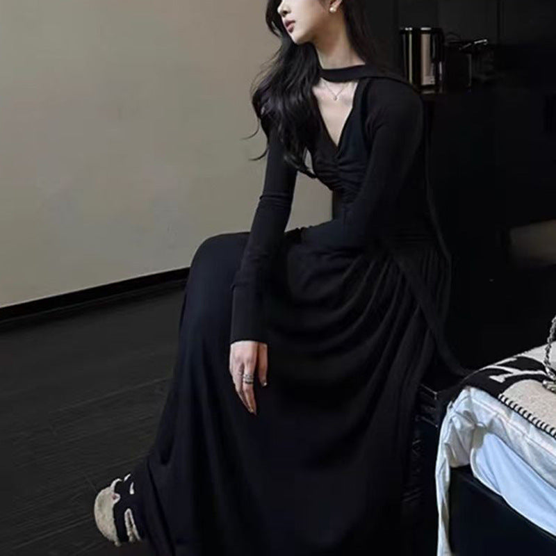 Dame elegant maxi kjole med sofistikeret V-udskæring og lange ærmer