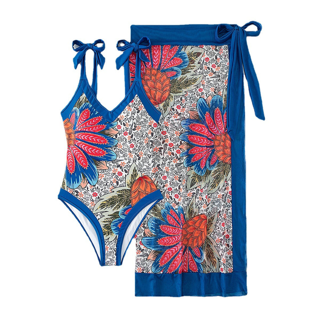 Dame one-piece badedragt med blomster mønster og matchende overtræk Skovae