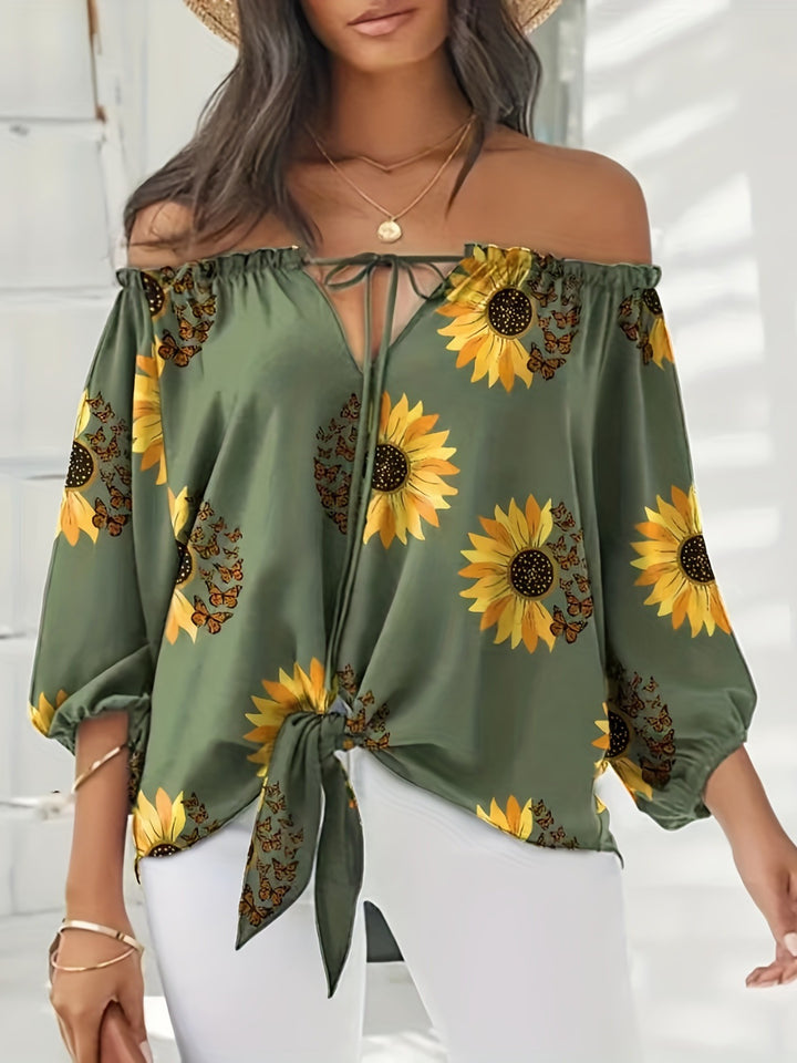 Dame Off-Shoulder Bluse med solsikkemønster og bindebånd Stilla