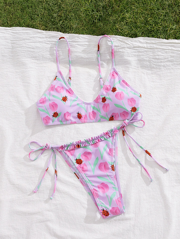 Dame Triangel-Bikini med farverigt blomsterdesign og justerbare bindebånd Skovae